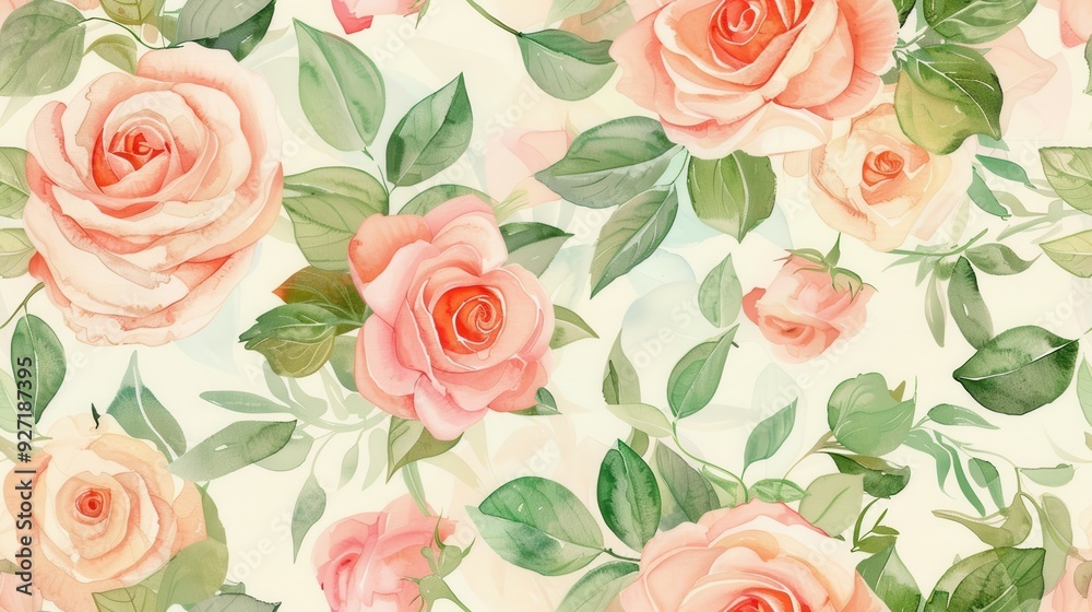 Poster this watercolor painting depicts a seamless pattern of delicate pink roses and lush green leaves on 