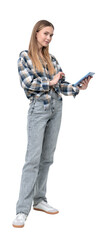 A young woman using a tablet, smiling and standing. Casual attire with a white background. Concept of technology usage and modern lifestyle