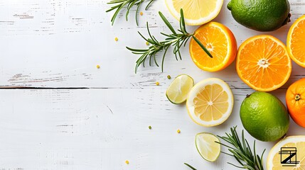 Zesty Citrus Burst: A vibrant symphony of sliced lemons, limes, and oranges with sprigs of rosemary on a rustic white wooden background.