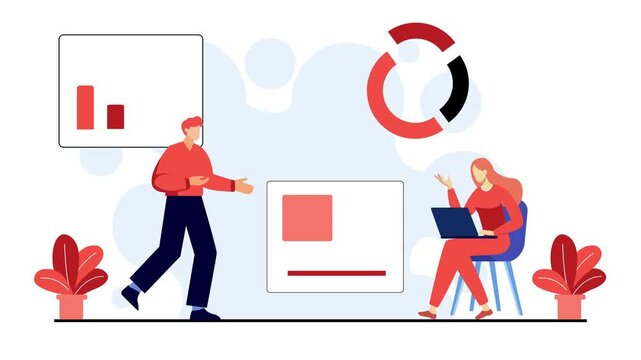 A woman and a man showing business infographic illustration isolated on white background animated video.Flat design 4k