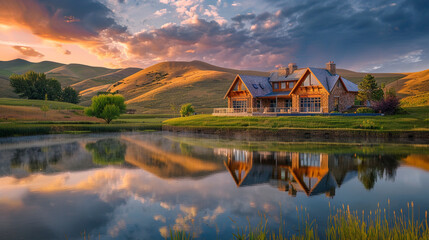Fototapeta premium a high resolution image of a beautiful house nestled in a serene landscape, surrounded by rolling hills and a tranquil lake reflecting the colors of the sunset.