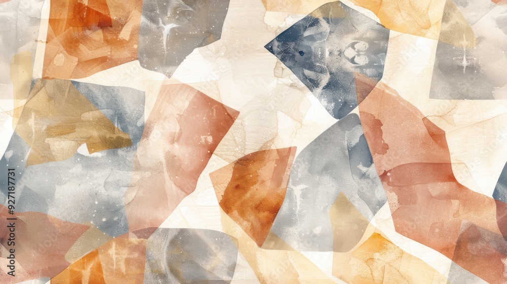 Aufkleber An abstract watercolor pattern featuring geometric shapes in shades of orange, brown, and blue. The shapes are layered and overlapping, creating a dynamic and textural effect. The background is a soft