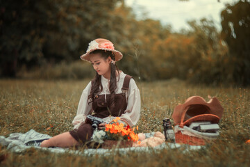 Peaceful Picnic: A young girl, lost in thought, sits amidst a serene autumnal landscape, surrounded by a charming picnic basket and colorful flowers. Her tranquil demeanor evokes a sense of peace  