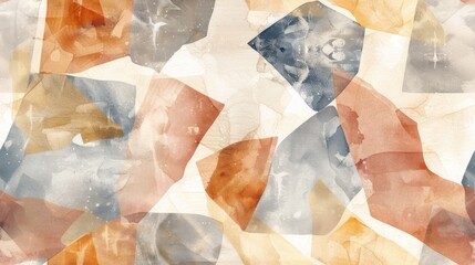 An abstract watercolor pattern featuring geometric shapes in shades of orange, brown, and blue. The shapes are layered and overlapping, creating a dynamic and textural effect. The background is a soft