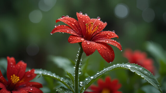 Red flower with water droplets in nature Background, vibrant and fresh against a natural background.