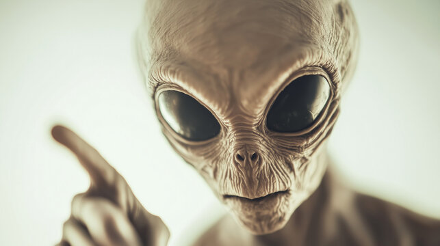 mysterious alien figure is captured pointing at the camera, its elongated fingers and otherworldly expression adding a sense of intrigue and direct engagement with the viewer, phot