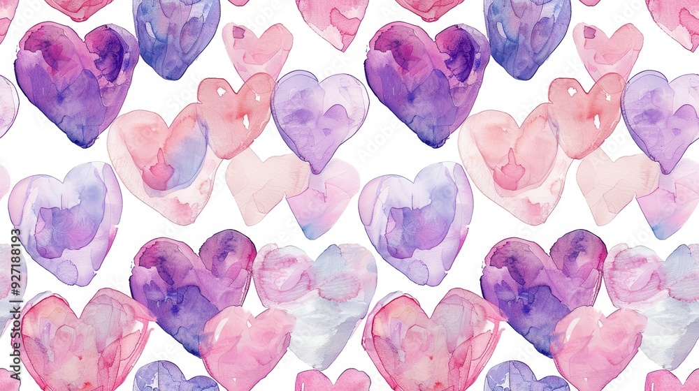 Poster A seamless pattern of watercolor hearts in shades of pink and purple, painted on a white background. The hearts are arranged in a random pattern, overlapping and creating a visually appealing design. 