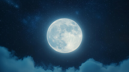 Fototapeta premium big, luminous white moon dominates the starry night sky, surrounded by soft, ethereal clouds, creating a dreamy and romantic atmosphere that feels both peaceful and magical, photo