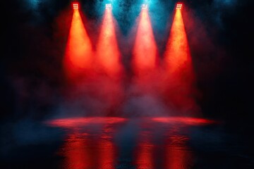 Fototapeta premium Red and blue spotlights on a smoky stage. Perfect for showcasing a product or design.