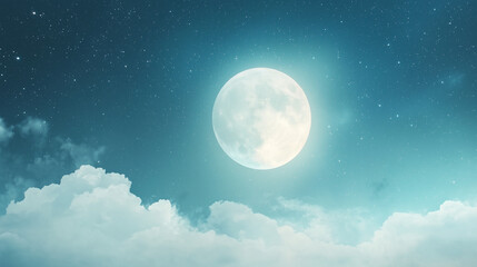 Naklejka premium big, luminous white moon dominates the starry night sky, surrounded by soft, ethereal clouds, creating a dreamy and romantic atmosphere that feels both peaceful and magical, photo