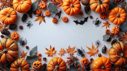 The Halloween greeting card template showcases pumpkins, skeleton arms, skulls, bats, and spiders on a white background with ample space for your message.