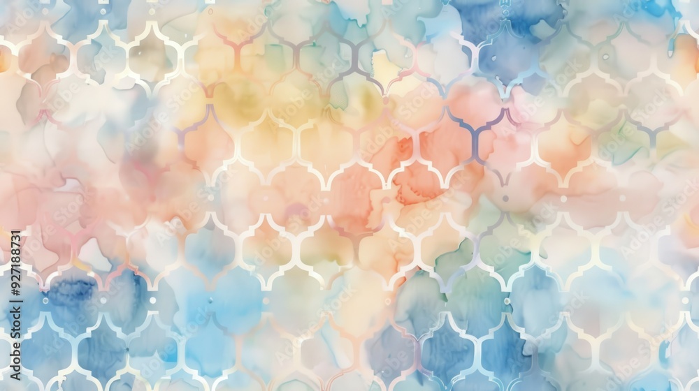Poster An abstract background featuring a repeating pattern of white trellis designs against a colorful watercolor wash of blue, green, yellow, orange, and pink hues.