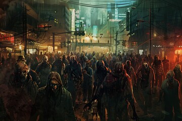 Obraz premium A dark, dystopian cityscape filled with ominous, zombie-like figures.
