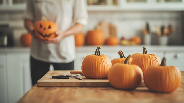 man standing in a kitchen behind a bunch of pumpkins, preparing to carve them into Jack O' Lanterns for Halloween, with tools and ingredients laid out on the counter, capturing the
