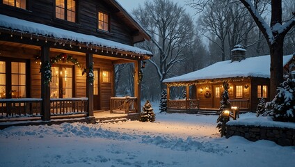 Winter view of a country house with Christmas decorations. Snowy courtyard with Christmas porch, veranda, wreath, Christmas tree, firewood, garland. Merry Christmas and Happy New