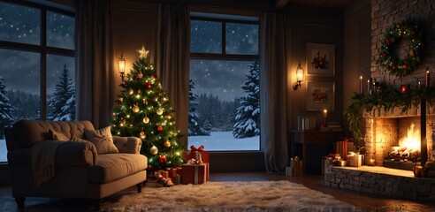 Fototapeta premium Winter Christmas background atmospheric cozy room. festive interior design