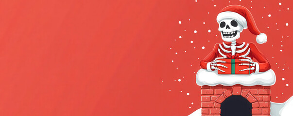 Skeleton Santa delivering gifts through a chimney, snowy rooftop