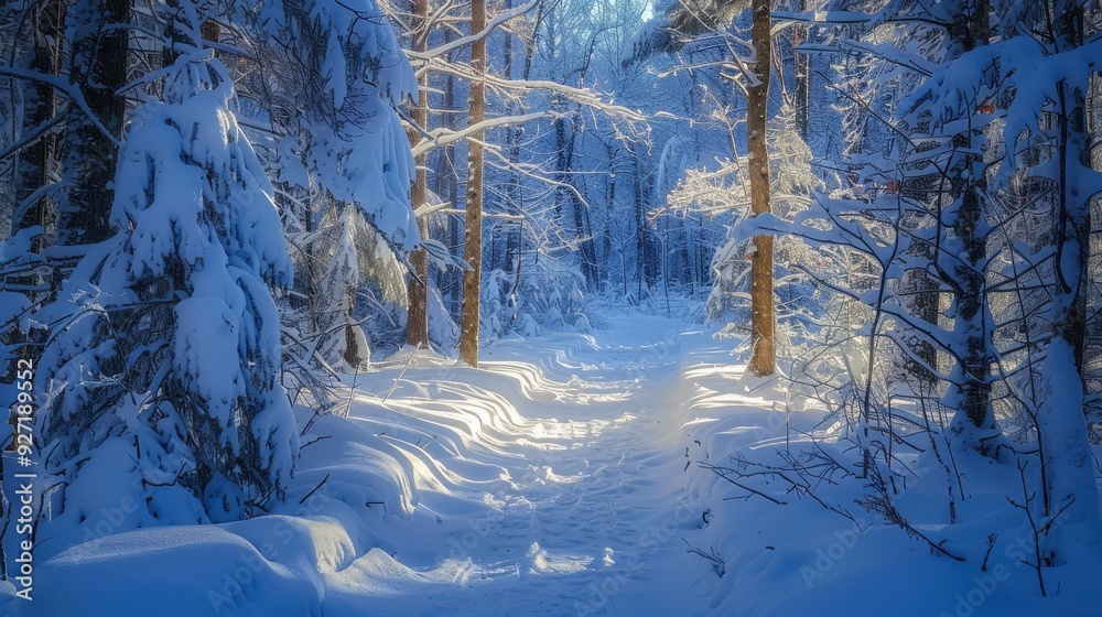 Poster a snow-covered path winds its way through a forest on a sunny winter day. the trees are laden with s