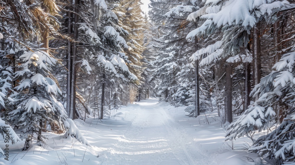 Poster a snow-covered trail winds through a dense forest of tall, snow-laden evergreen trees. the sunlight 