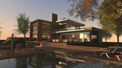 Obraz premium Modern home with a pool and patio overlooking a scenic sunset.