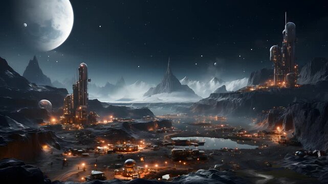 A stunning view of a futuristic lunar base at night. The base is nestled among towering mountains, with the Earth's moon hanging in the sky.