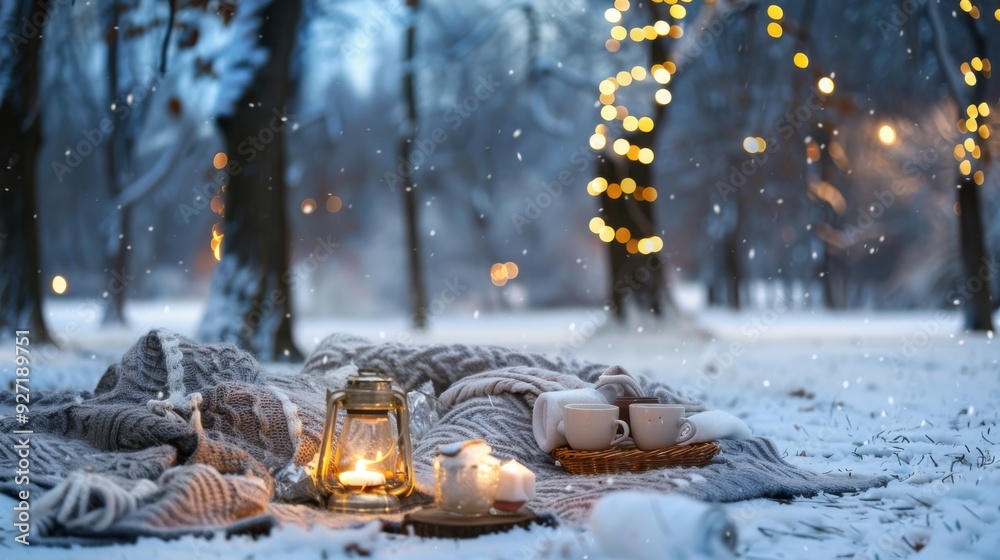 Poster a cozy winter picnic is set up in a snowy forest. a blanket lies on the snowy ground with candles, l
