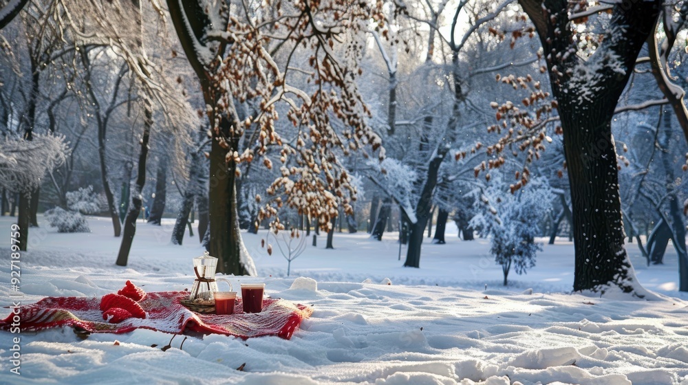 Poster a cozy picnic blanket is spread out on the snowy ground beneath a blanket of snow-covered trees. a g