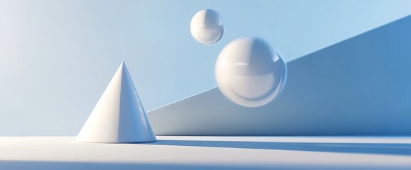 White cone and two spheres floating in blue space.