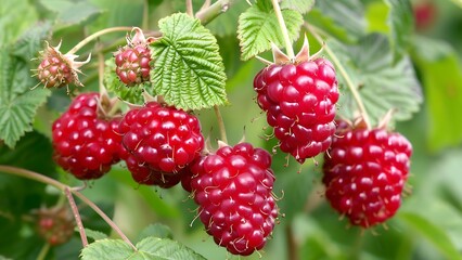 Raspberries and leaf in the garden. Generative AI