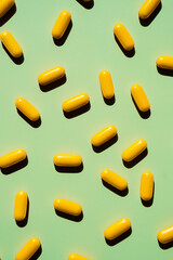 Yellow pills scattered on green background. Medication and healthcare concepts.