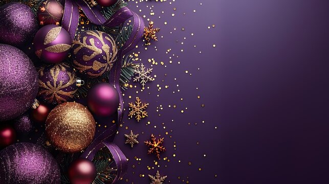 A luxury Christmas background features golden ornaments, snowflakes, ribbon, confetti, and stars on a purple table for a festive banner design.