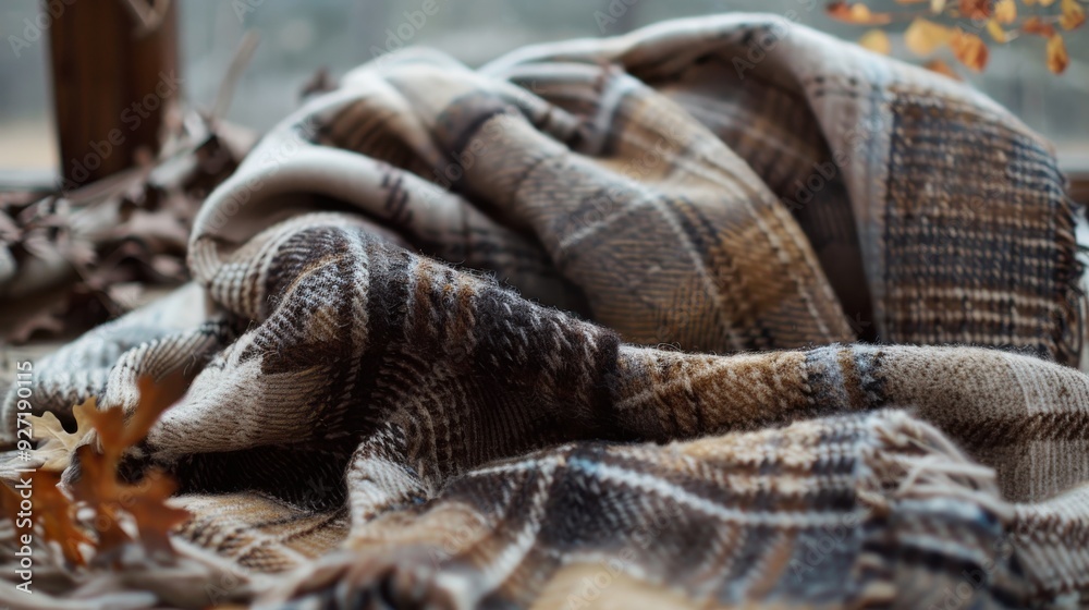 Poster a close-up view of a soft, plaid blanket draped over a windowsill with a few dry autumn leaves scatt