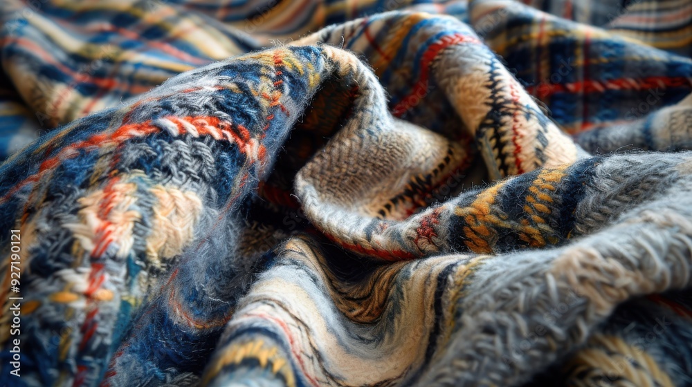 Poster The image shows a close-up of a soft, knitted blanket with a colorful plaid pattern. The blanket is blue, red, yellow, and white, with a fuzzy texture. The blanket is folded and draped, creating a sof