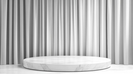 3D Illustration of White Marble Pedestal with Curtain Background