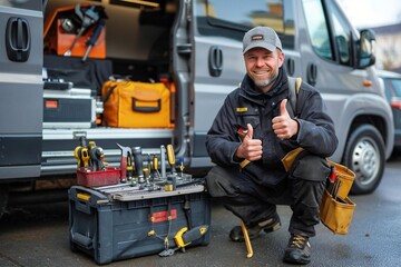 Cheerful Repairman Gives Thumbs Up in Front of Van, Holding Tools and Toolbox