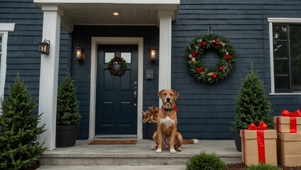  Navy blue front door of contemporary new construction siding gray home decorated for Christmas holidays with wreath trees and garland and a dog and a pile of packages