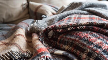 Fototapeta premium A close-up of a couch covered in plaid blankets, one beige and one red, with a grey blanket partially visible in the background. The blankets are soft and cozy and suggest a comfortable atmosphere.