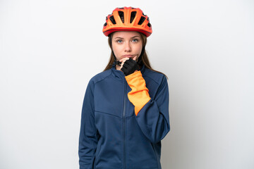 Young cyclist Lithuanian woman isolated on white background thinking