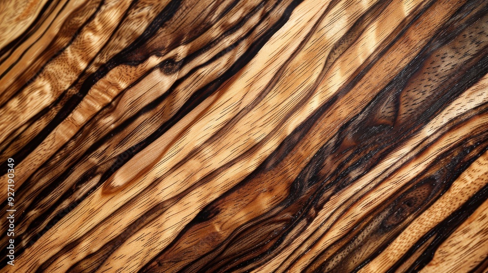 Poster a close-up, high-resolution image showcasing the intricate grain pattern of a dark brown and golden 