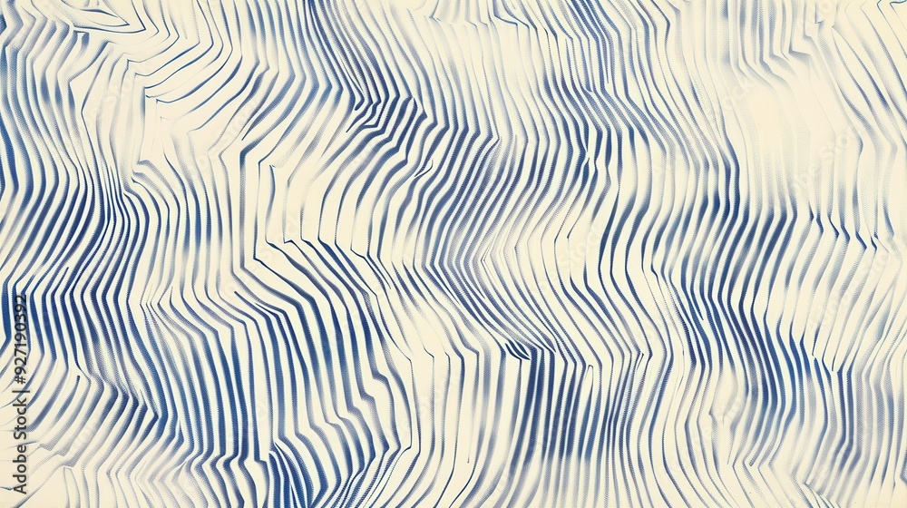 Poster This image features a digital abstract pattern of blue and white stripes. The lines are thin, wavy, and appear to be moving and swirling. The background is a light cream color, with the blue lines for
