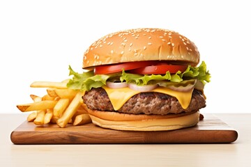 High-Resolution Cheeseburger with Fries on White Background