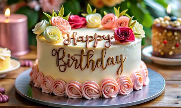birthday cake with candles and flowers happy birthday
