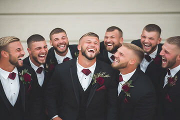 Groom and groomsmen laughing together in black suits with red boutonnieres