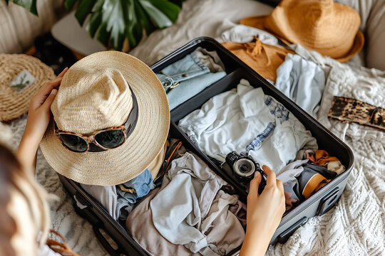 Woman packing suitcase with summer essentials for vacation