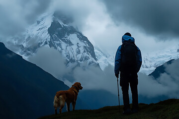 Man hiking with his dog in the misty mountains