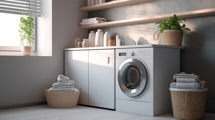 Interior of stylish kitchen with modern washing machines. Neural network ai generated art