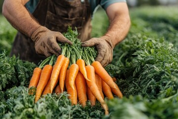 A farmer holds fresh carrots in his hands. This image represents the abundance of a harvest.