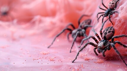 Spider webs and spiders are spread across a pastel pink background, offering a flat lay view for a happy Halloween holiday concept with ample copy space.
