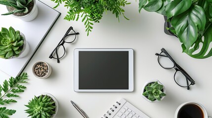A flat lay of a digital tablet showing "stop plagiarism" on the screen, paired with a keyboard with lighted keys, paper notebooks, and glasses on a white desk.