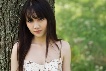 Naklejka premium A girl a dress nature with trees. flower concept. a girl in green dresses is surrounded by trees in nature. a girl in green and white dress in nature lifestyle.
